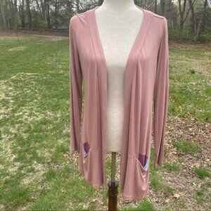 LOGO LORI GOLDSTEIN CARDIGAN SWEATER TAN MAUVE LONG SLEEVES POCKETS Size XS
